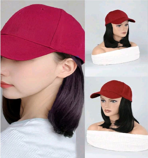 Women's Burgundy Hat with Integrated Black Hair Extensions