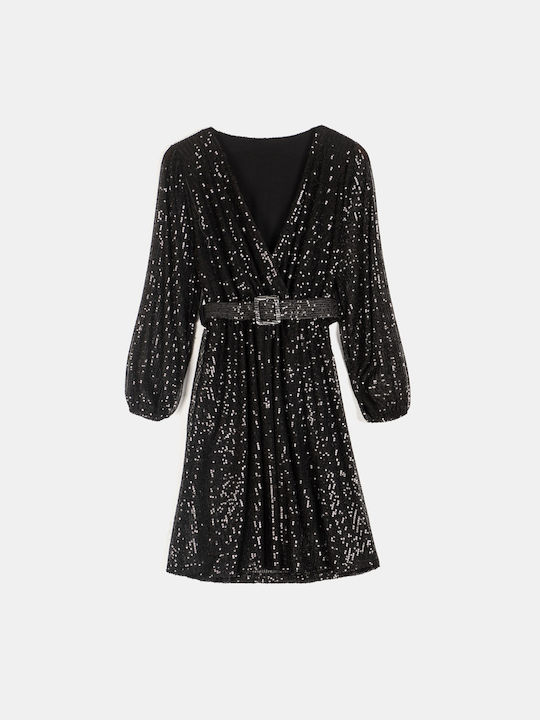 Wrap Dress with Sequins and Belt Black Black