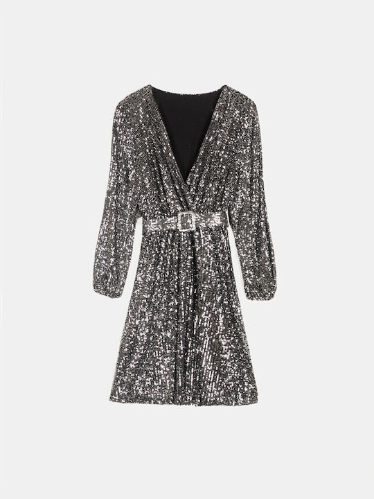 Wrap Dress with Sequins and Belt Silver Silver