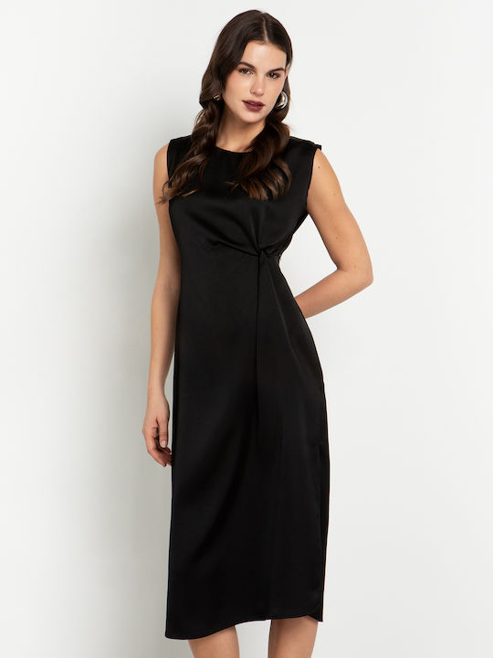 Toi&Moi Midi Evening Dress Satin Draped with Slit Black