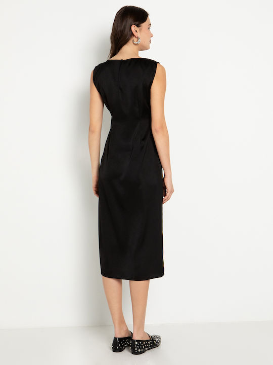 Summer Midi Evening Satin Drape Dress with Tearing Black