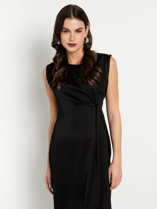 Summer Midi Evening Satin Drape Dress with Tearing Black