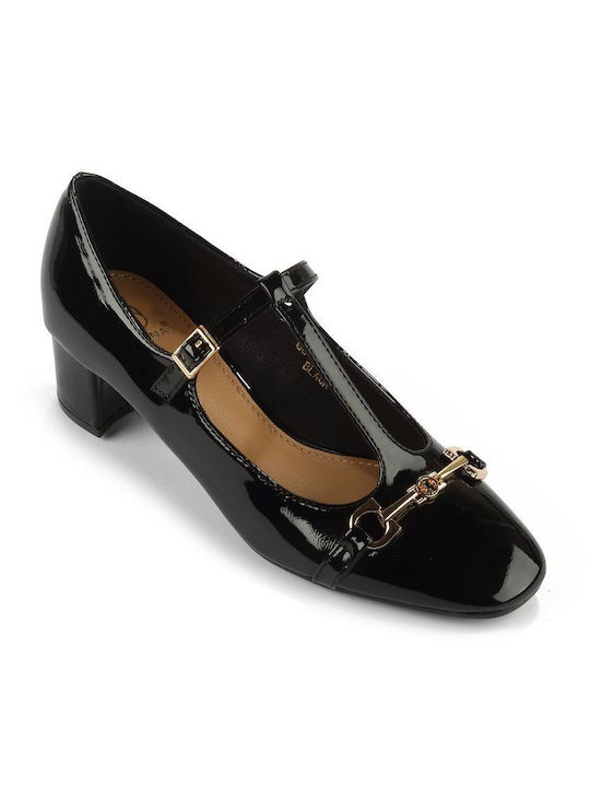 Fshoes Patent Leather Black Heels with Strap