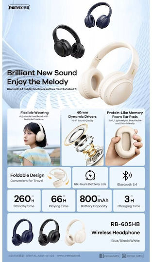 Remax RB-605HB Fără fir Bluetooth On Ear Căști cu 12 ore de Funcționare Bej