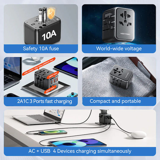 Vention Αντάπτορας Πρίζας σε Universal με 3 Θύρες USB