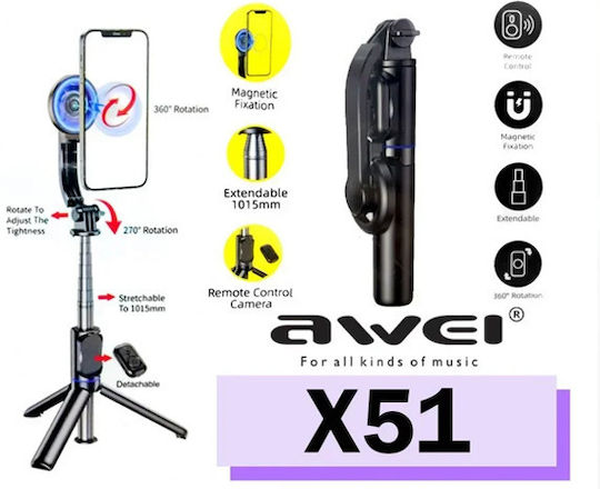 Awei X51 Selfie Stick Cell Phone Tripod Bluetooth Black
