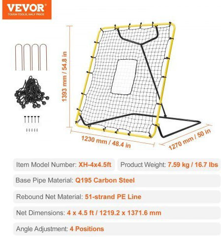 Vevor Δίχτυ Επιστροφής Μπέιζμπολ & Σόφτμπολ 4x4.5 Ft Ρυθμιζόμενης Γωνίας Bqhdwpwjdkd41tlv7v0