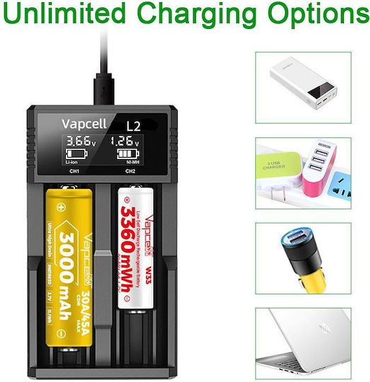 Vapcell L2 USB Зарядно 2 за батерии Li-ion/Ni-Cd/Ni-MH Размер AA/AAA/18650/21700/16340/26650/14500 в Черен цвят