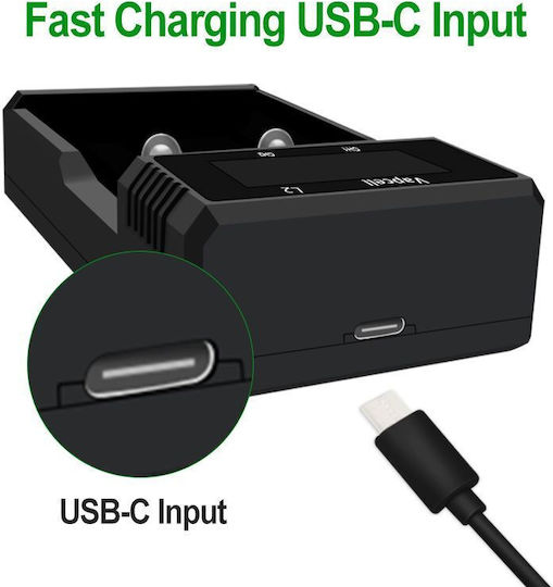 Vapcell L2 USB Зарядно 2 за батерии Li-ion/Ni-Cd/Ni-MH Размер AA/AAA/18650/21700/16340/26650/14500 в Черен цвят