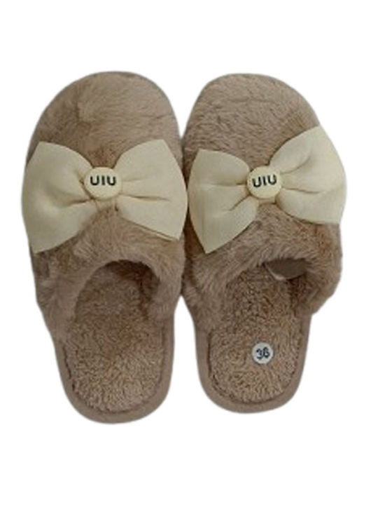 Winter Women's Slippers with Fur Beige