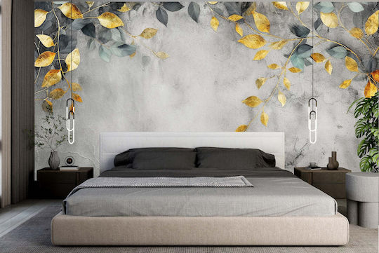 Tapet mural pentru sufragerie cu frunze aurii și verzi 148x220