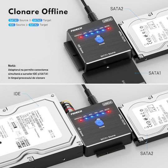 Adaptor Universal Fideco Sata Ide La Usb 3.0 Extern Hdd Ssd Pentru Hard Disk-uri De 2.5/3.5 Inch Unități Optice Dvd Cd De 5.25 Inch Clonare Offline Cablu De Alimentare Transfer De Date 5gbps Suportă Capacitate De 16tb Compatibil Windows Mac Os/linux