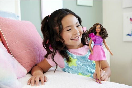 Barbie Brown Hair, Pink Sparkly Dress, 65Th Anniversary Doll Fashionistas Curly Brown Hair with Pink Dress for 3+ years+ Years (Various Designs/Assortments of Designs) 1pc