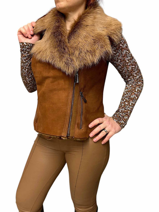 Women's Sleeveless Short Fur Λαδί, Ταμπά