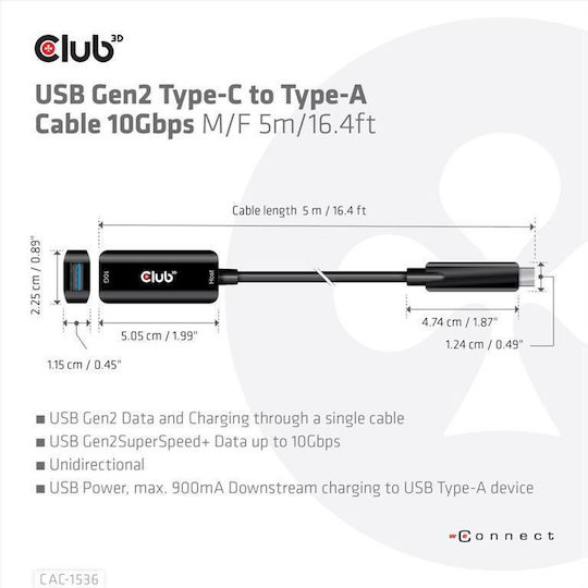Club3D USB 3.2 Cable USB-C male - USB-A female Μαύρο 5m CAC-1536