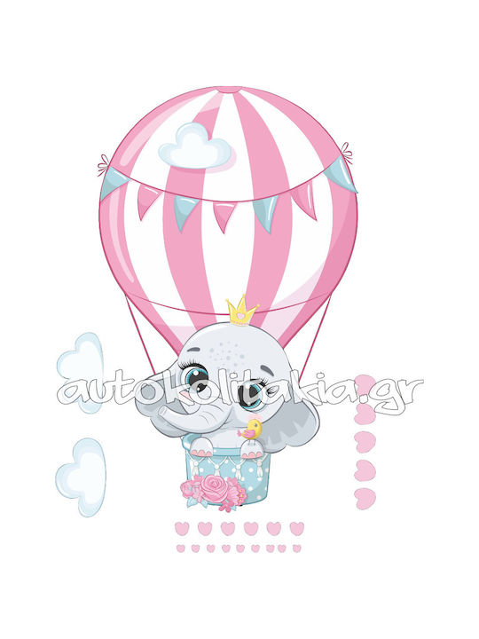Wall Sticker Little Elephant Hot Air Balloon + Set of Hearts Clouds 50cm X 34cm
