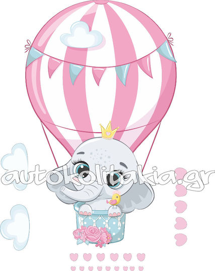 Sticker de Perete Micul Elefant în Balon cu Aer Cald + Set de Nori cu Inimi 50cm X 34cm