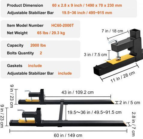 Vevor Πιρούνια Παλέτας 2000 Lbs 60" Ρυθμιζόμενη Μπάρα Σταθεροποίησης Τρακτέρ Φορτωτές Hcs2000lbs60ix9mmv0