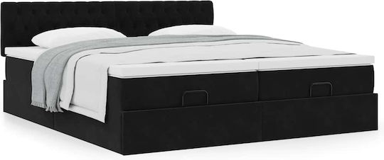King Size Upholstered Fabric Bed Black with Storage Space Slats & Mattress 200x200cm
