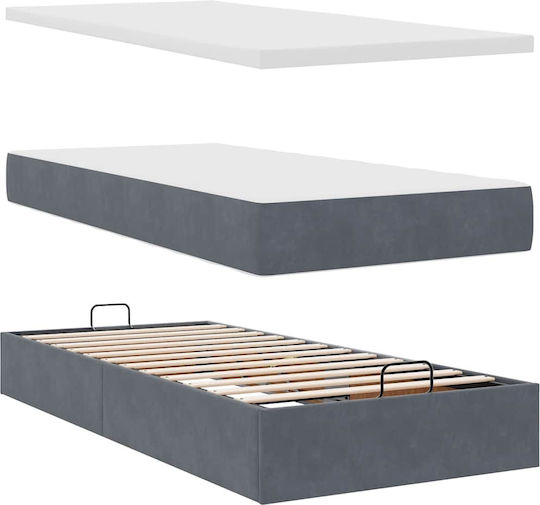 Pat King Size Îmbrăcat în Material Gri Închis cu Plăci și Saltea 200x200cm
