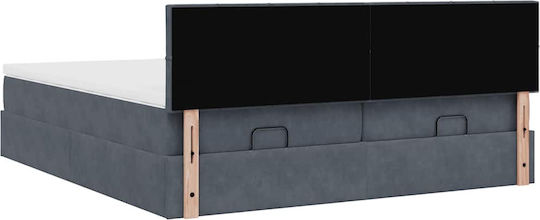 Pat King Size Îmbrăcat în Material Gri Închis cu Plăci și Saltea 200x200cm