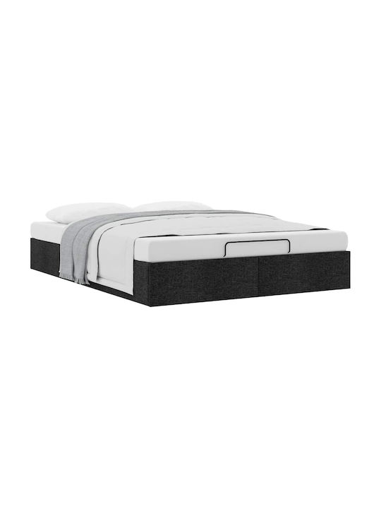 Double Upholstered Bed Base with Fabric Black with Storage Space & Slats for Mattress 140x200cm