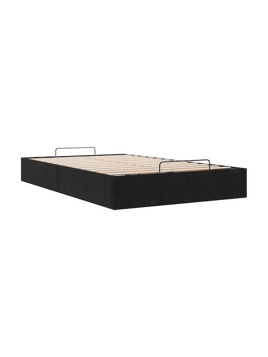 Half Double Bed Base Upholstered with Black Fabric with Storage Space & Slats for Mattress 120x190cm