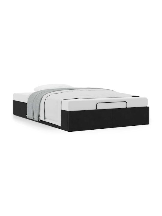 Half Double Bed Base Upholstered with Black Fabric with Storage Space & Slats for Mattress 120x190cm