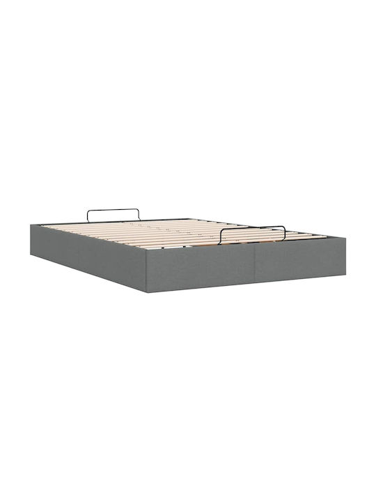 Double Bed Base Upholstered with Gray Fabric with Storage Space & Slats for Mattress 140x200cm