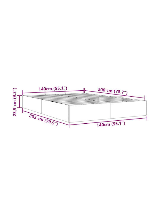 Double Bed Base Upholstered with Gray Fabric with Storage Space & Slats for Mattress 140x200cm