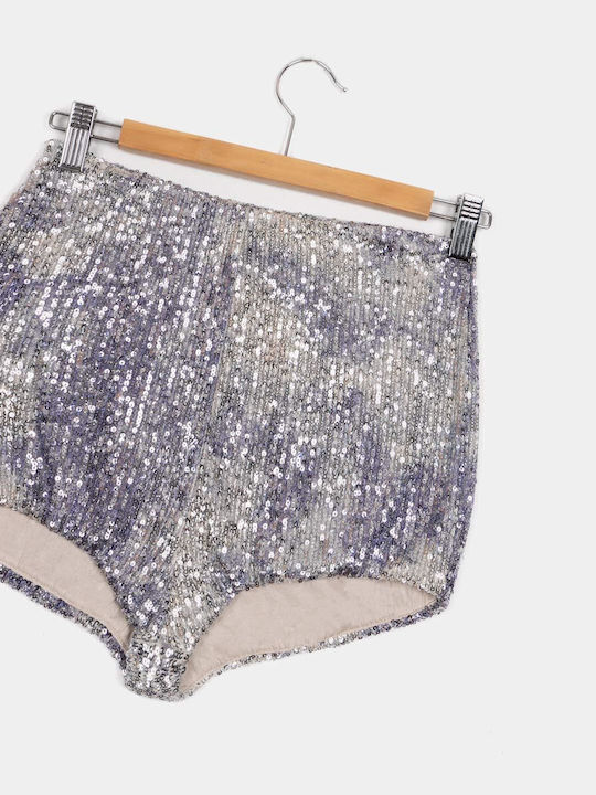 Silberne Pailletten-Shorts mit hohem Bund