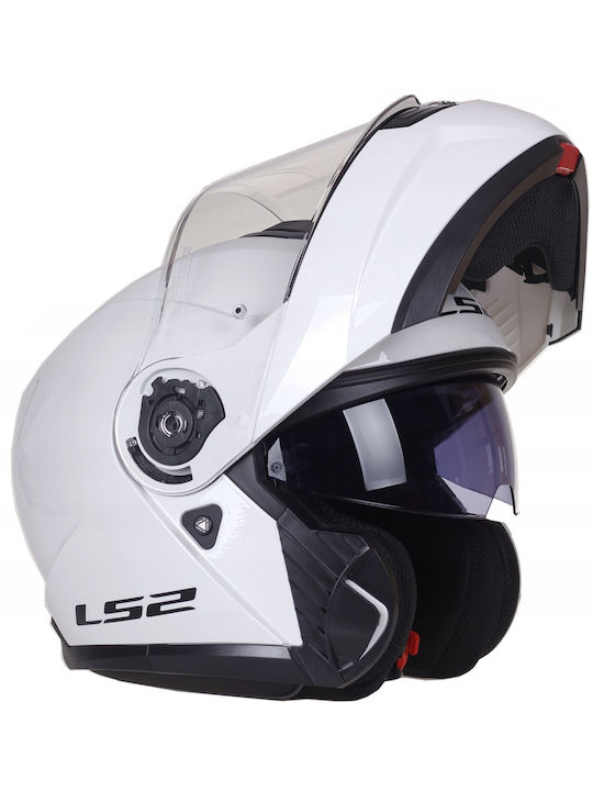 LS2 Strobe II Solid White Motorcycle Helmet Flip-Up ECE 22.06 1580gr with Sunvisor