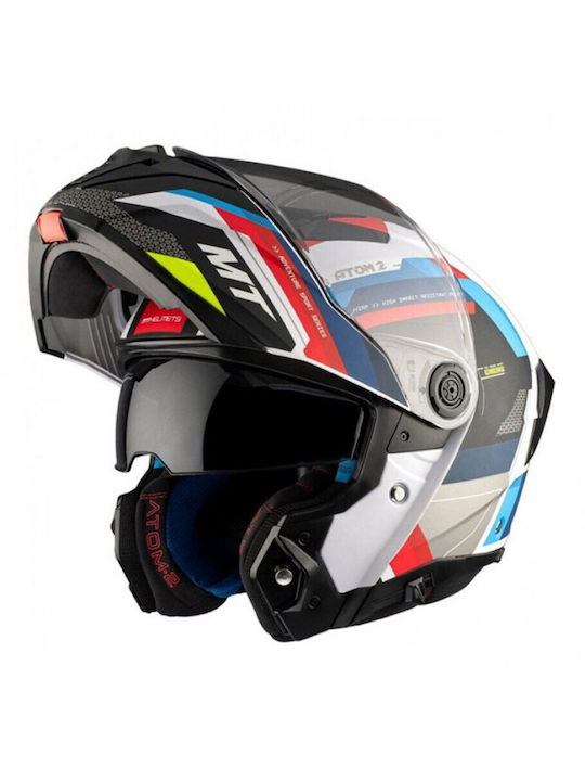 MT Atom 2 SV White/Blue/Red Gloss Motorcycle Helmet Flip-Up ECE 22.06 1650gr with Sunvisor