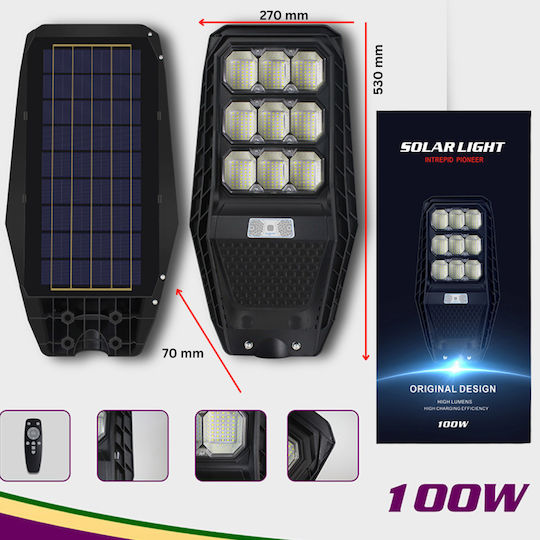 100W Соларна улична лампа Visionhub 360 LED прожектор в 9 кутии Вградена соларна панелна зарядка Дистанционно управление Сензор за движение IP67 водоустойчивост Включена метална стойка Черна