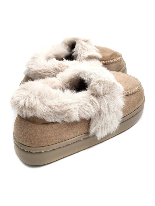 Closed Women's Slippers with Beige Fur