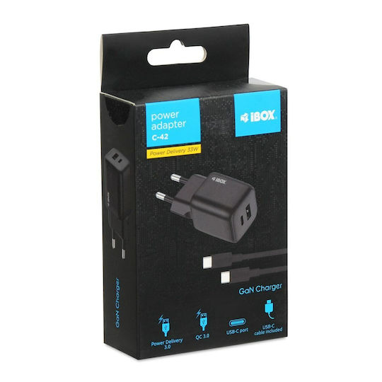 iBox Φορτιστής GaN με Θύρα USB-A και Θύρα USB-C και Καλώδιο USB-C - USB-C 33W Power Delivery / Quick Charge 3.0 Μαύρος (C-42)