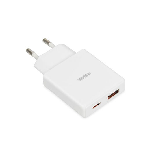 iBox Charger Without Cable GaN with USB-A Port and USB-C Port 30W Power Delivery / Quick Charge 3.0 Whites (C-43)