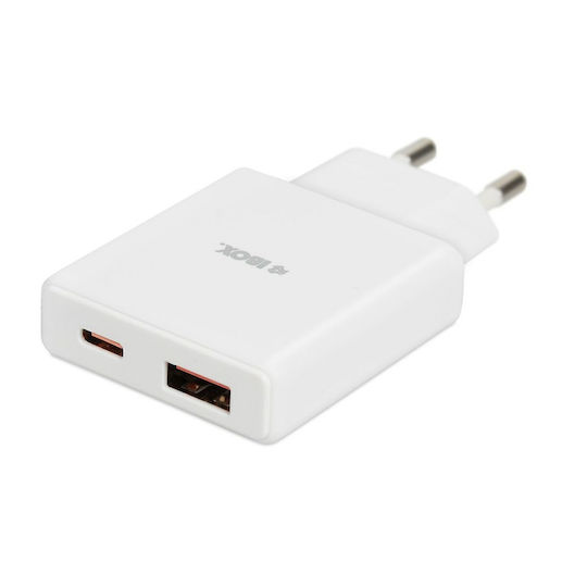 iBox Charger Without Cable GaN with USB-A Port and USB-C Port 30W Power Delivery / Quick Charge 3.0 Whites (C-43)