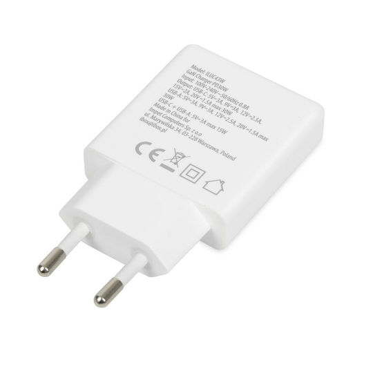 iBox Charger Without Cable GaN with USB-A Port and USB-C Port 30W Power Delivery / Quick Charge 3.0 Whites (C-43)