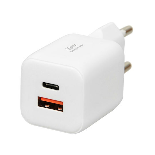 iBox Charger GaN with USB-A Port and USB-C Port and Cable USB-C - USB-C 33W Power Delivery / Quick Charge 3.0 Whites (C-42)