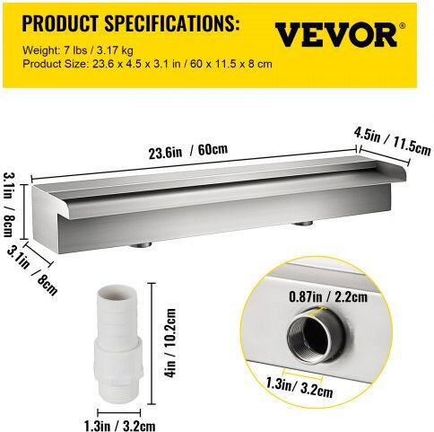 Vevor Pool Waterfall made of Stainless Steel 59.944x11.43x7.874cm Silver