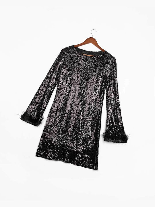 Mini Dress with Sequins and Feathers Black Black