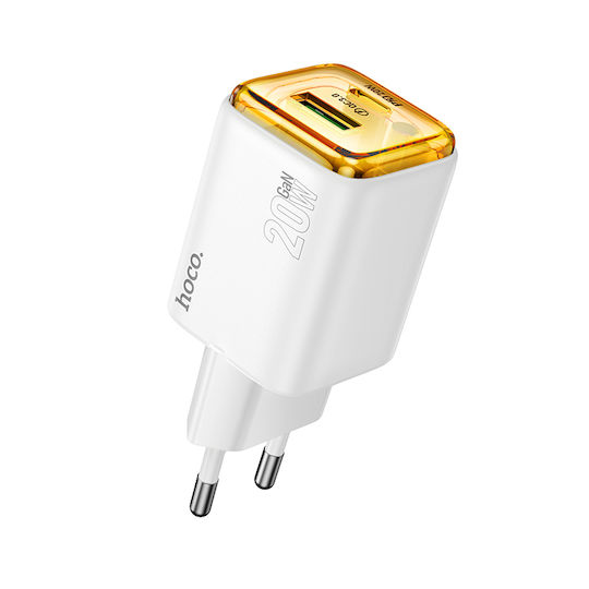 Hoco Încărcător Fără Cablu GaN cu Port USB-A și Port USB-C 20W Livrarea energiei / Quick Charge 3.0 Albς (N52)