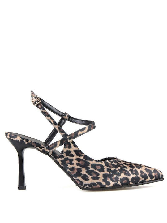 Silia D Pointed Toe Gray Heels with Strap Animal Print