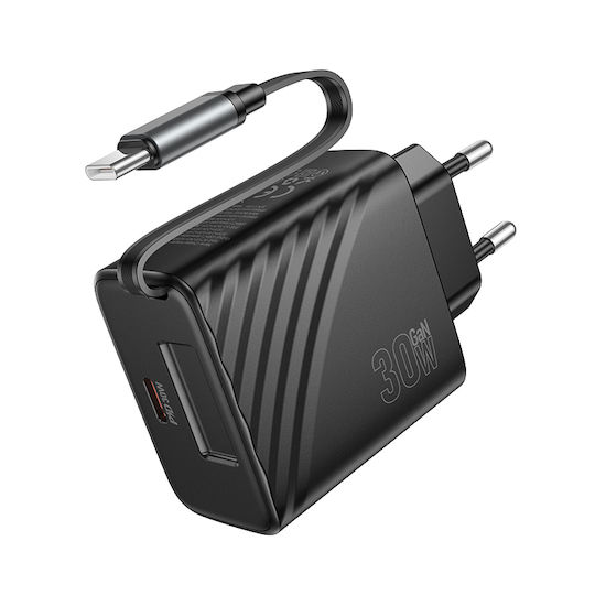 Hoco Charger with Built-in Cable GaN with USB-C Port USB-C 30W Power Delivery Blacks (N58)