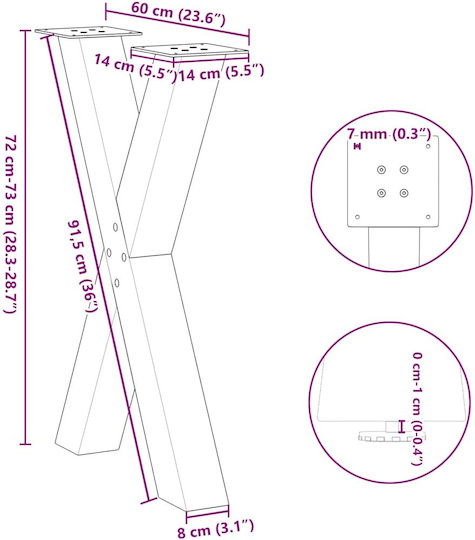vidaXL Metallic Furniture Leg 2 Pieces Suitable for Table / Coffee Table / Office 60x72cm Black