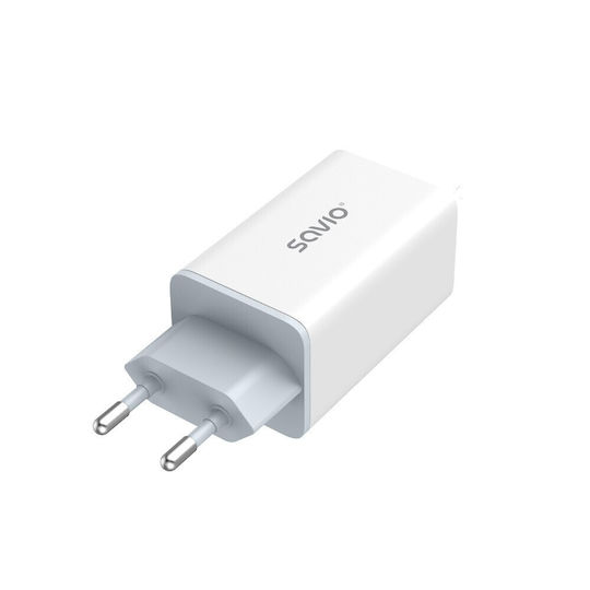 Savio GaN с USB-A порт и 2 USB-C порта и кабел USB-C - USB-C 65W Power Delivery / Quick Charge 3.0 Бял (LA-07)