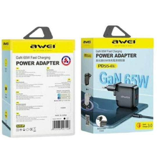 Awei Charger Without Cable GaN with USB-A Port and USB-C Port 65W Quick Charge 3.0 Blacks (PD55)