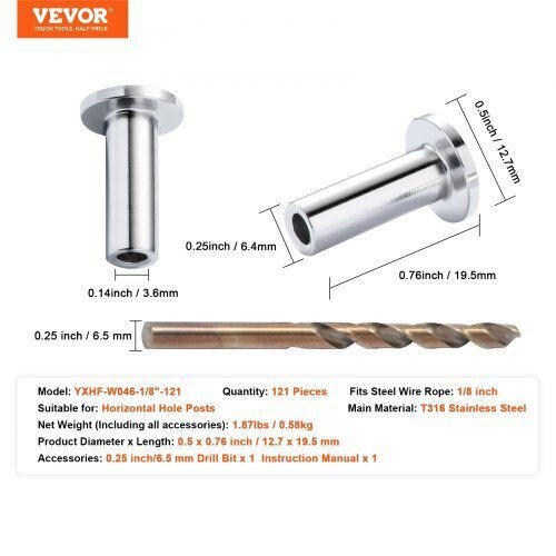 Vevor 121pcs Stainless Steel Wire Rope Sleeves 3.2mm T316 Marine Grade Free Drill Silver Bxgbhtys121jm10kiv0