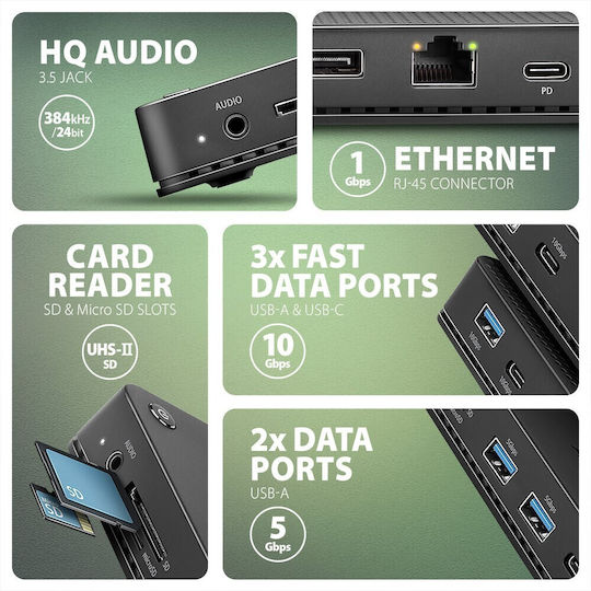 Axagon USB-C Dockingstation für Laptops mit HDMI/DisplayPort 4K PowerDelivery Ethernet und Verbindung für 2 Monitore Schwarz